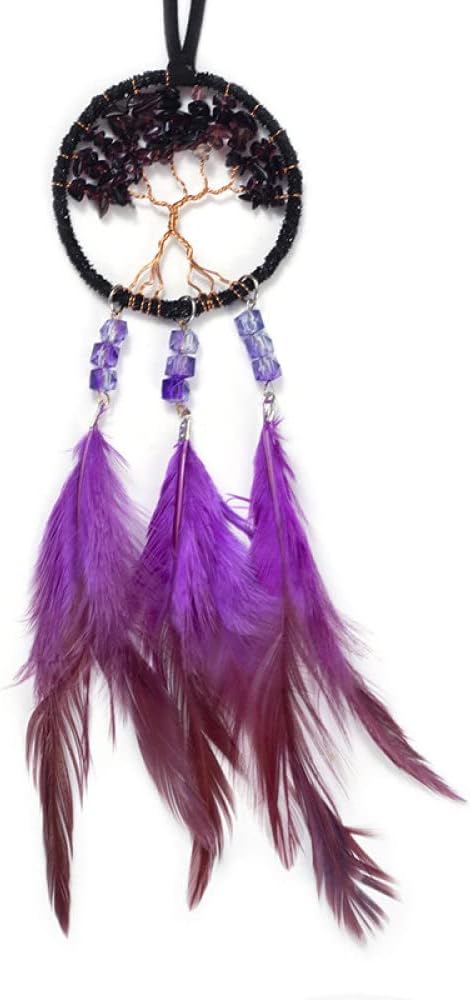 Tree of Life Dream Catcher for Car – Purple Feather Rear View Mirror Hanging Ornament | Crystal Small Dreamcatcher Pendant for Aesthetic & Protection