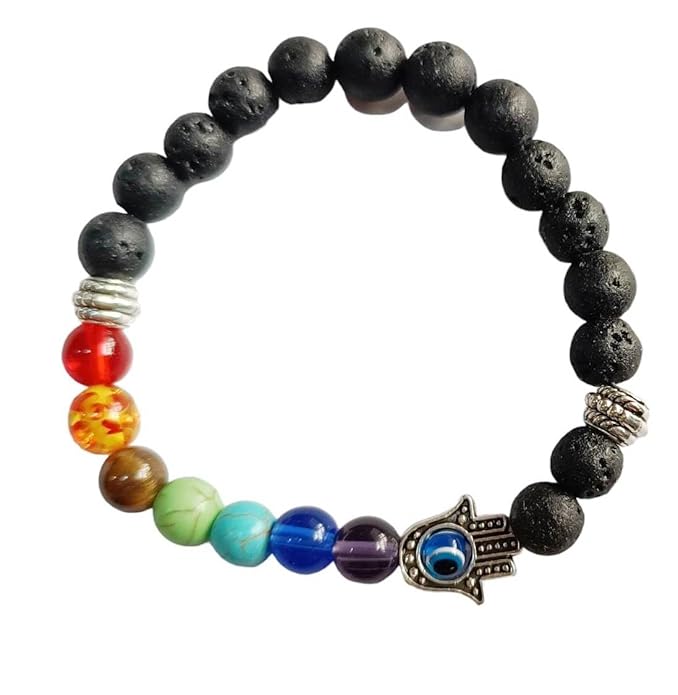 Lava Black Onyx Evil Eye Bracelet β 8mm Unisex Protection Bracelet with 7 Chakra Healing Stones for Energy & Luck