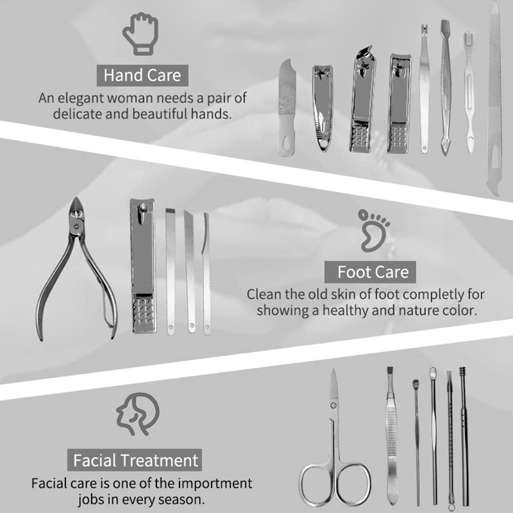 19-in-1 Stainless Steel Manicure Set โ Nail Clippers Kit with Leather Travel Case for Hand, Foot, and Facial Care