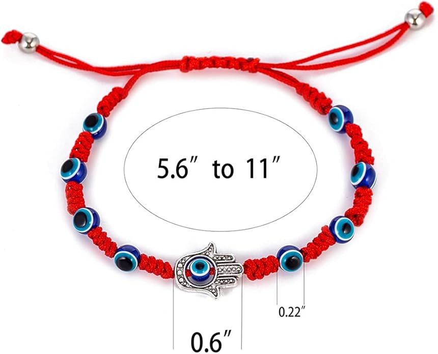 Adjustable Red Rope Bracelet โ Blue Evil Eye & Hamsa Hand Charm | Braided Protection Amulet for Men & Women