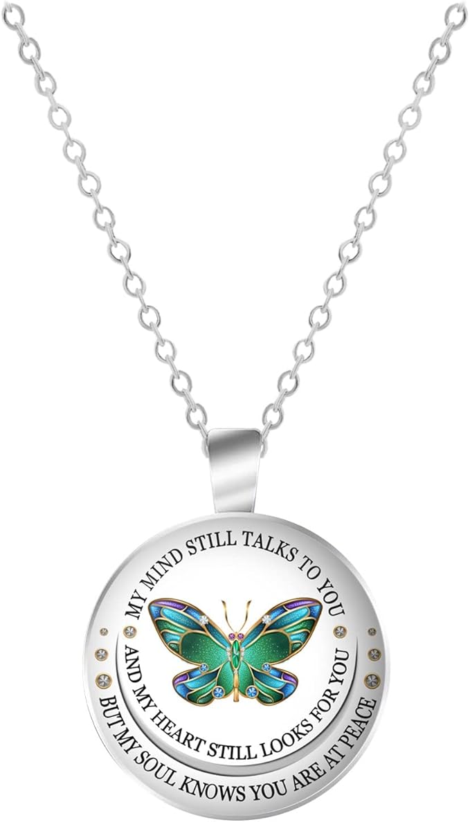 Green Butterfly Memorial Necklace – “My Mind Still Talks to You” Silver Chain, 21 Inches