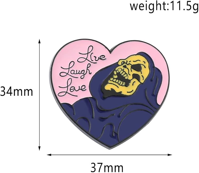 🖤 “Live, Laugh, Love” Heart & Skull Enamel Pin – Cute Gothic Lapel Badge for Jackets & Bags