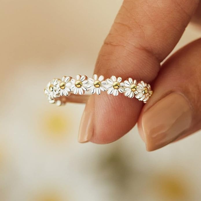 โI Think About Youโ Delicate Daisy Ring โ Tiny Sunflower Floral Ring | Adjustable Gold-Plated Ring for Women