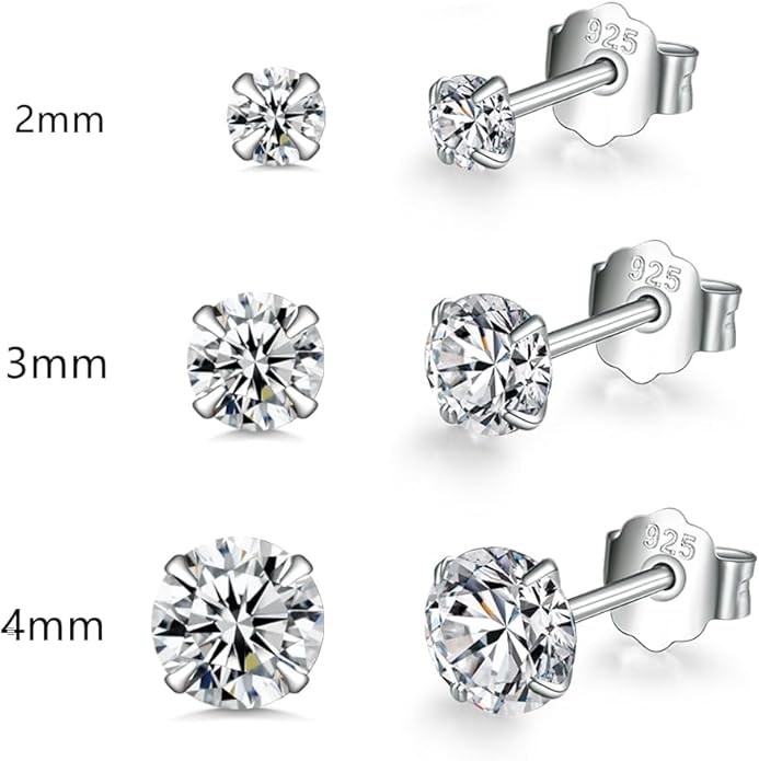 Sterling Silver Stud Earrings for Women 6 Pairs Hypoallergenic Tiny Cubic Zirconia Stud Set Cartilage Hoops