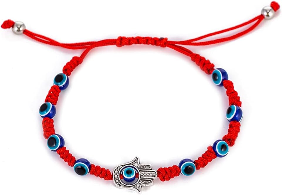 Adjustable Red Rope Bracelet โ Blue Evil Eye & Hamsa Hand Charm | Braided Protection Amulet for Men & Women
