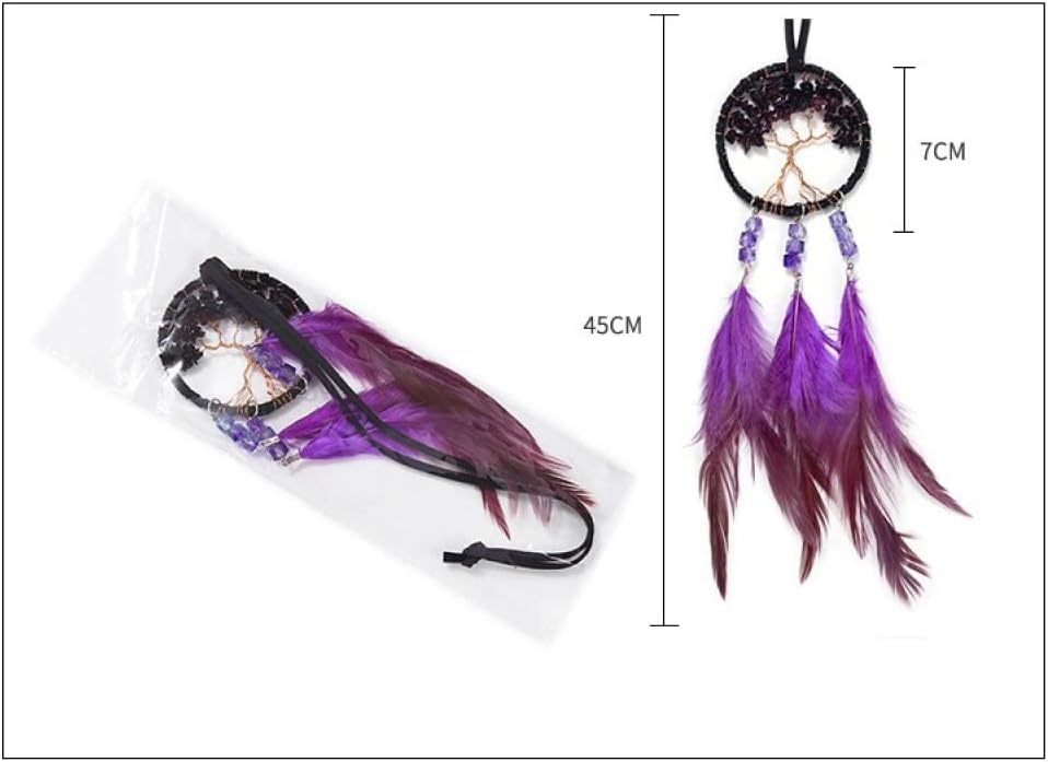 Tree of Life Dream Catcher for Car – Purple Feather Rear View Mirror Hanging Ornament | Crystal Small Dreamcatcher Pendant for Aesthetic & Protection