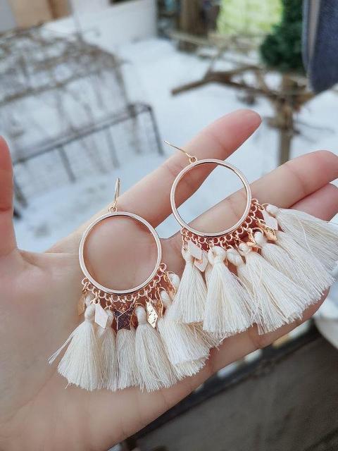 SUMMER BEACH White Tassel Hoop Dangle Earrings