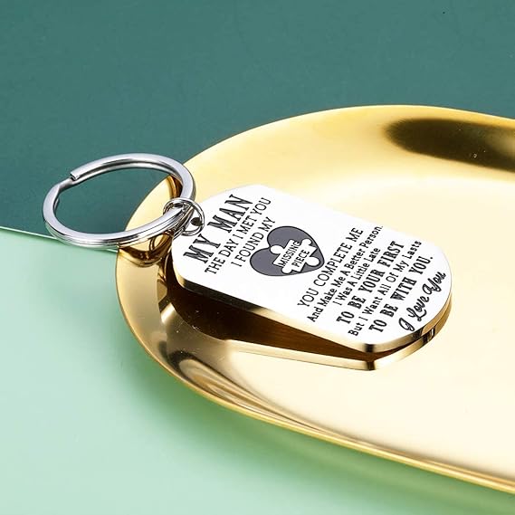 "My Man ❤️" Stainless Steel Dog Tag Keychain – Gift for Husband or Boyfriend