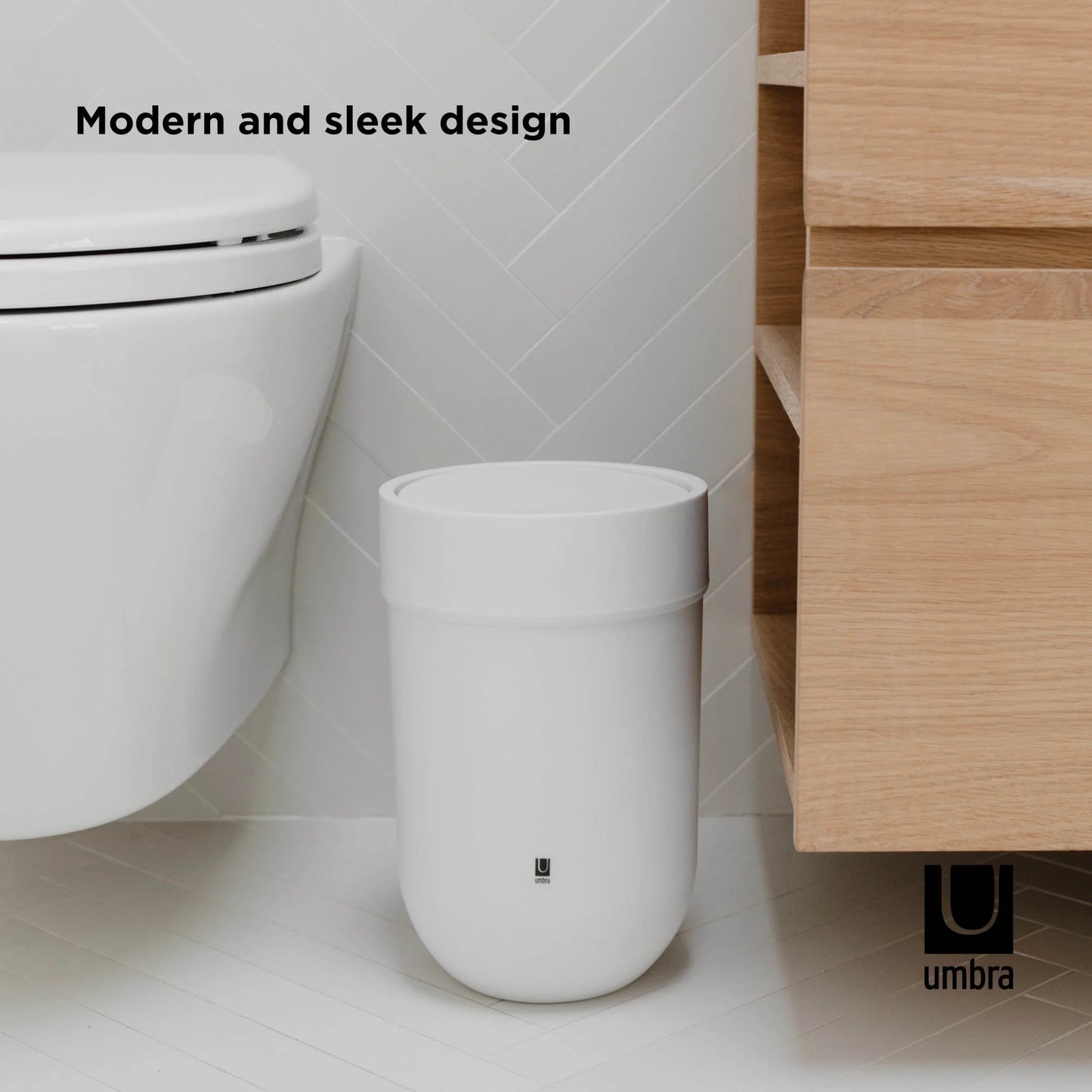 Umbra 1.6 gal Touch Plastic Swing Top Lid Bathroom Trash Can, White