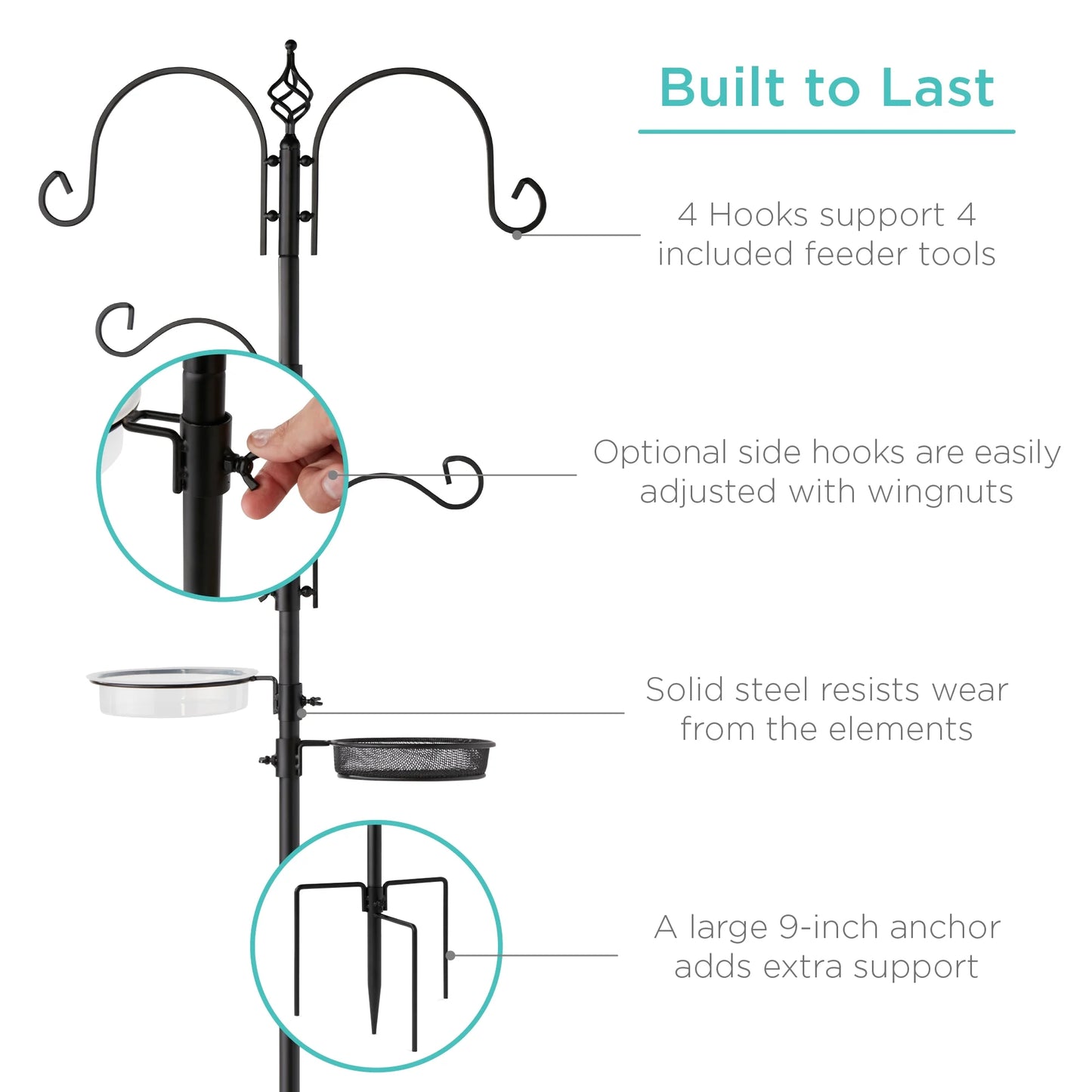 Best Choice Products 91in 4-Hook Bird Feeding Station, Steel Multi-Feeder Stand w/ 2 Feeders, Tray, Bird Bath - Black
