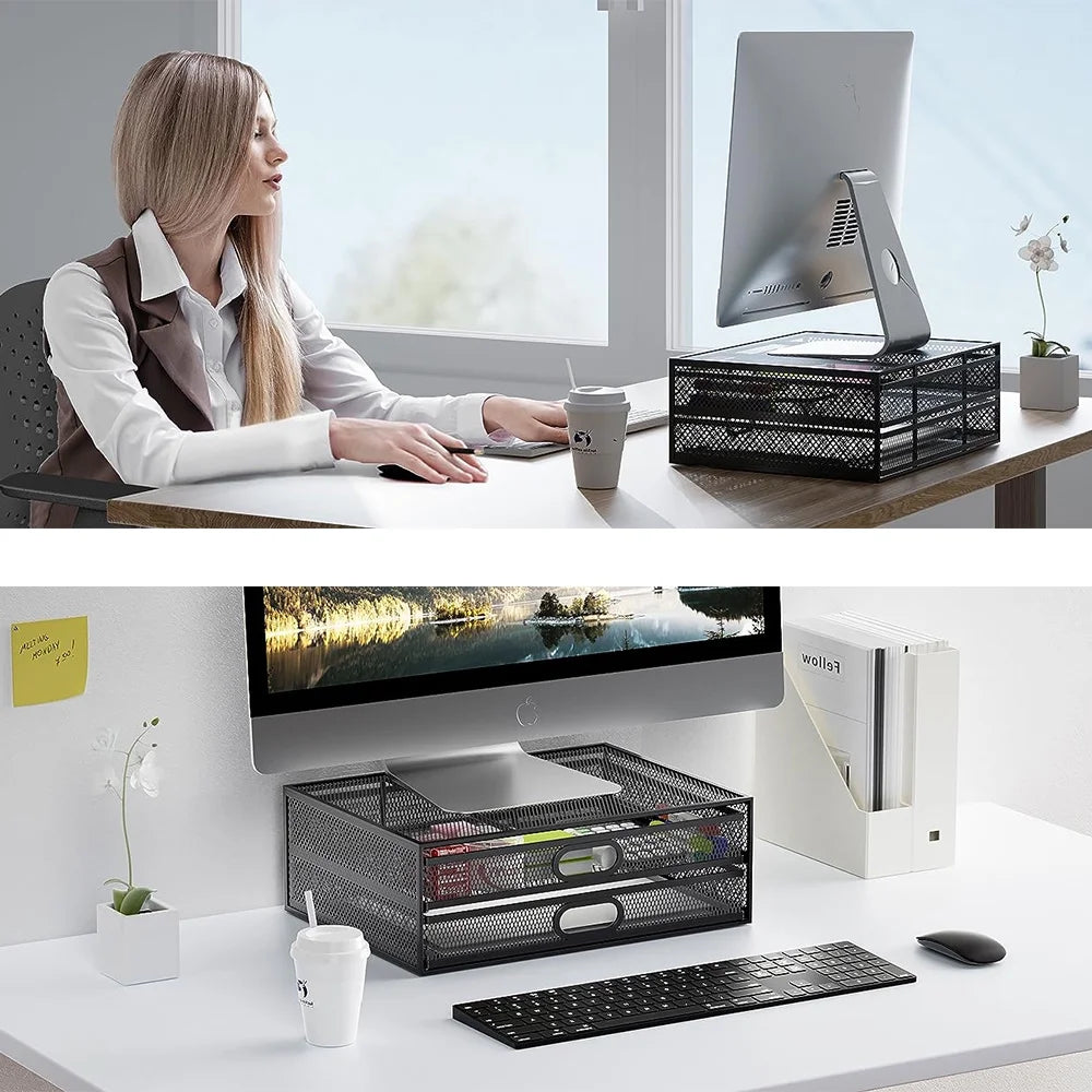 Marbrasse Monitor Stand with Drawer, Monitor Riser Mesh Metal, Monitor Stand with Storage, Desktop Computer Stand for PC, Laptop, Printer