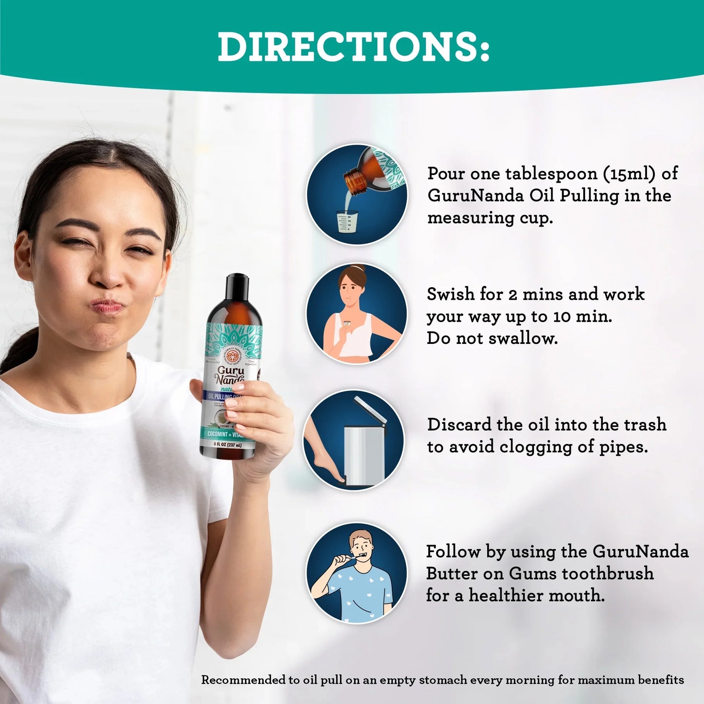 GuruNanda Oil Pulling with Cocomint, Essential Oils & Vitamins D3,E,K2 - Natural Mouthwash - 8 oz