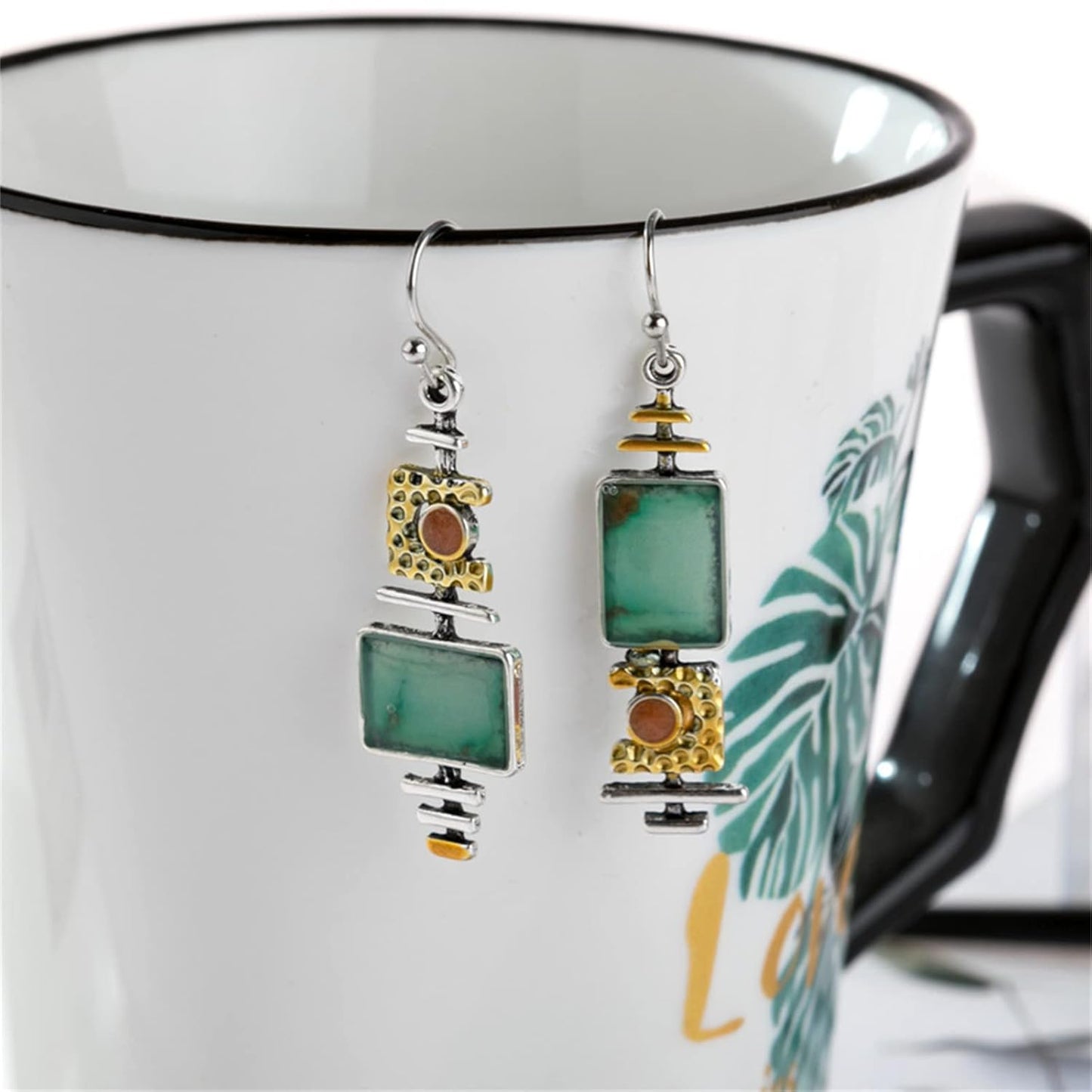 Green Turquoise Dangle Earrings – Handmade Asymmetric Silver Drop Earrings for Women