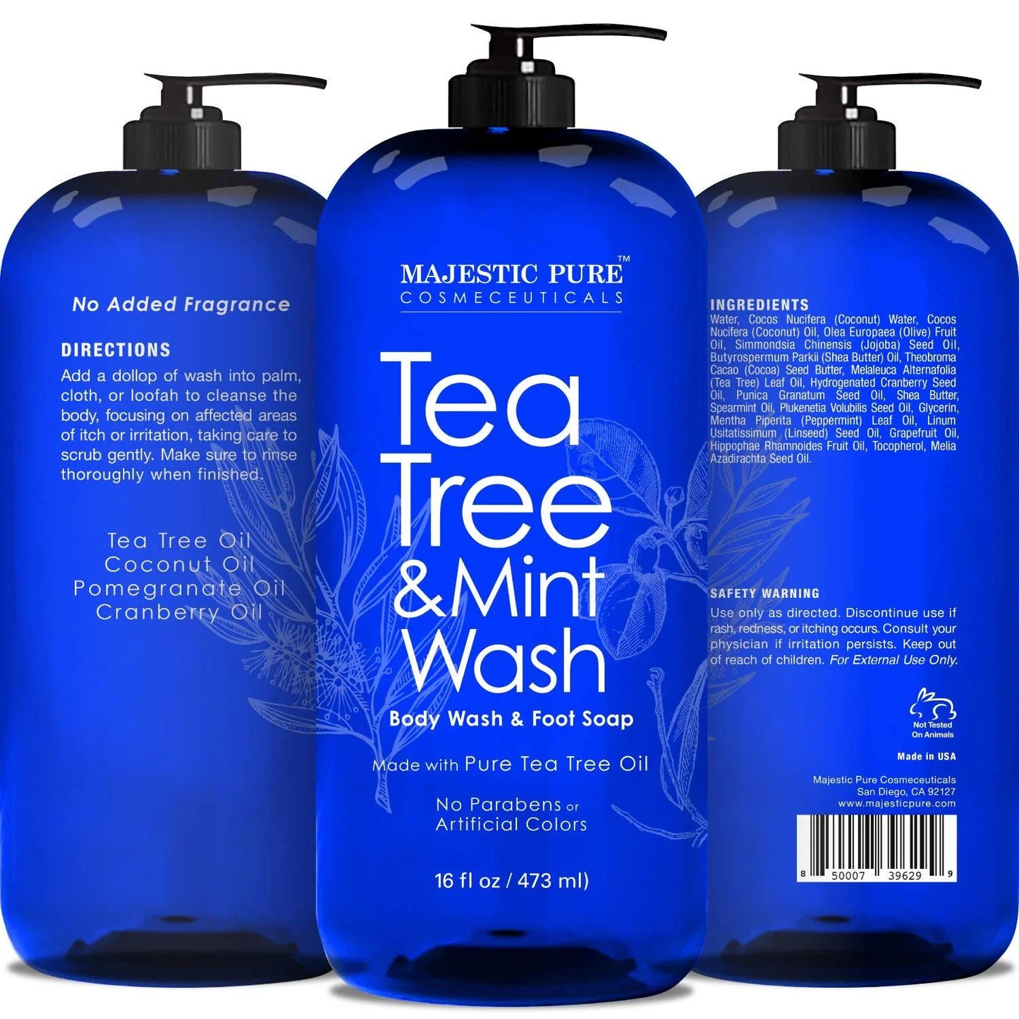 Majestic Pure Tea Tree Body wash with Mint 16 fl oz Fights Body Odor, Athlete's Foot, Jock Itch, Ringworm & Skin Irritations for Women and Men