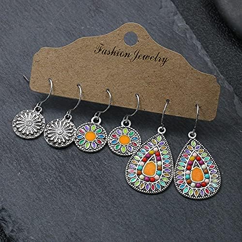 Ethnic Style N3 Pairs Boho Drop Earrings for Women β Vintage Bohemian Ethnic Dangle Set | Handmade Statement Jewelryew Drop Oil Flowers Earrings Set