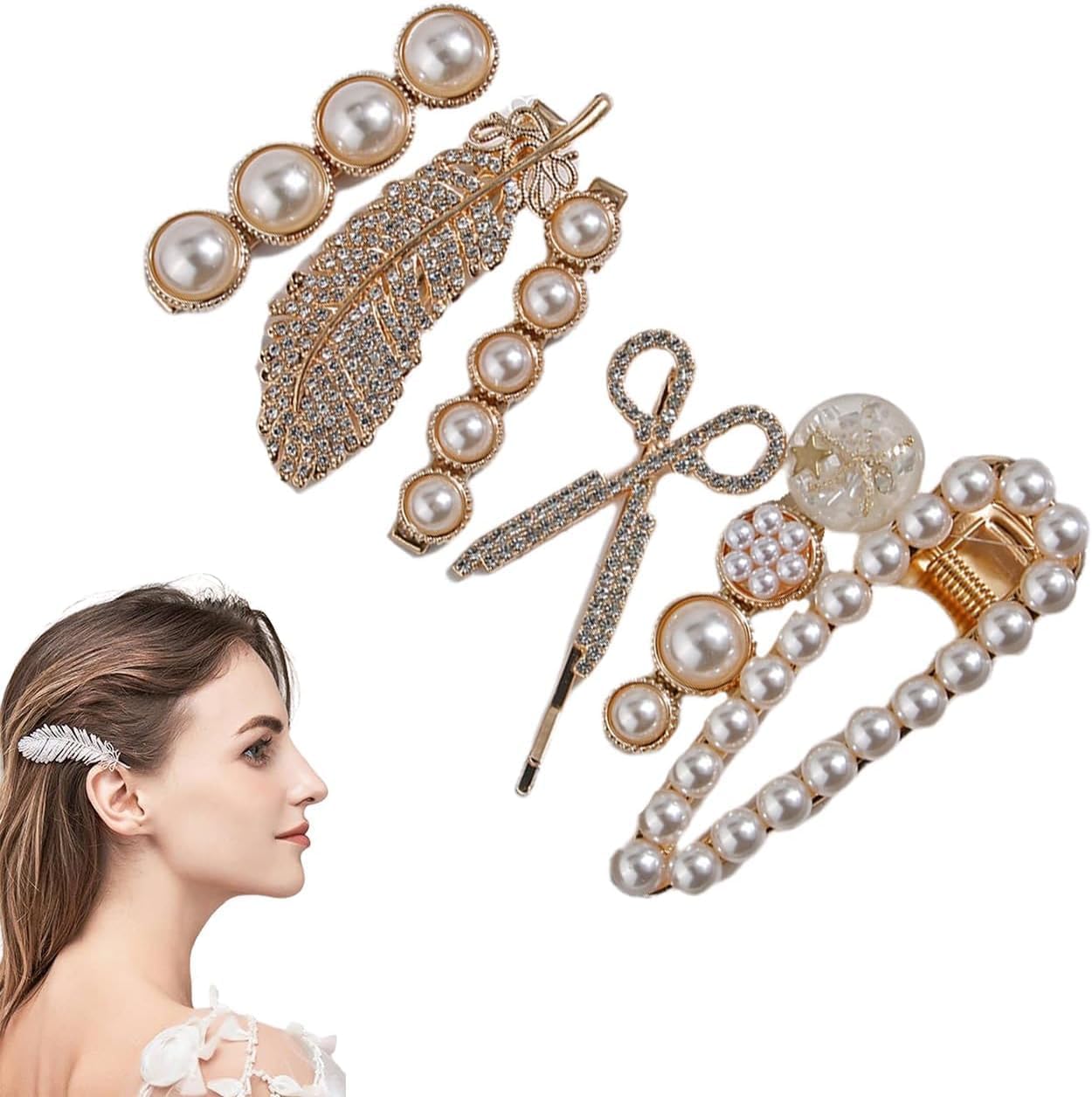 π 6-Piece Korean Style Hair Clips Set for Women & Girls β Elegant Acrylic Resin Barrettes with Pearls & Rhinestones | Trendy Hair Accessories for All Occasions