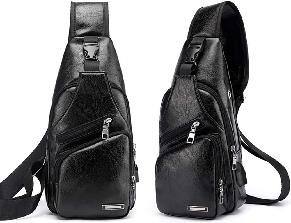 Black Chest Crossbody Bag Sling Backpack for Men with USB Charge Port