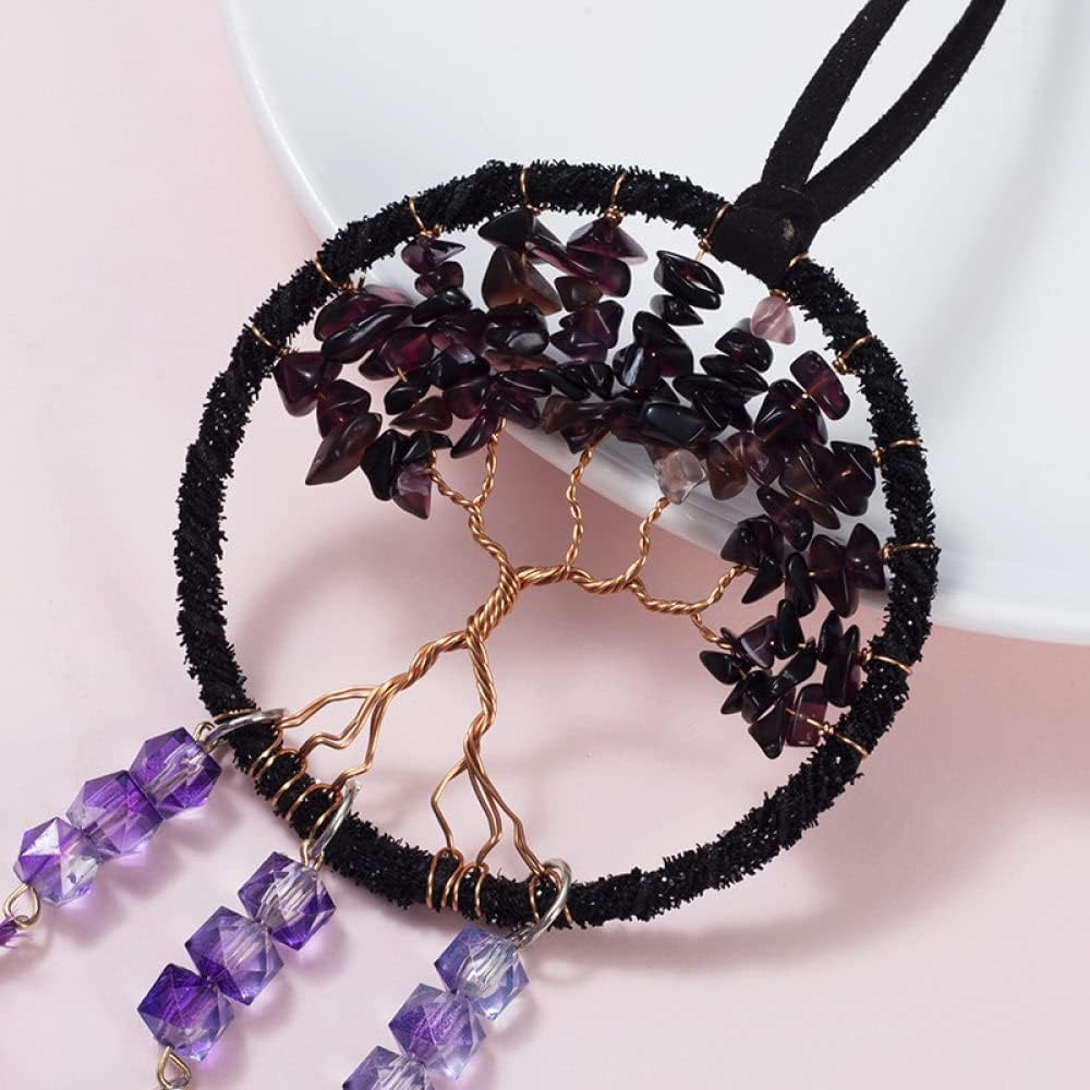 Tree of Life Dream Catcher for Car – Purple Feather Rear View Mirror Hanging Ornament | Crystal Small Dreamcatcher Pendant for Aesthetic & Protection