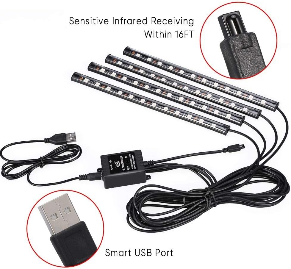 LED Car Interior 4pc, LED Light Strips Auto Car Interior Light LED Music Lighting Kit, 48 LED Light Strips with Activated Son-Control Music