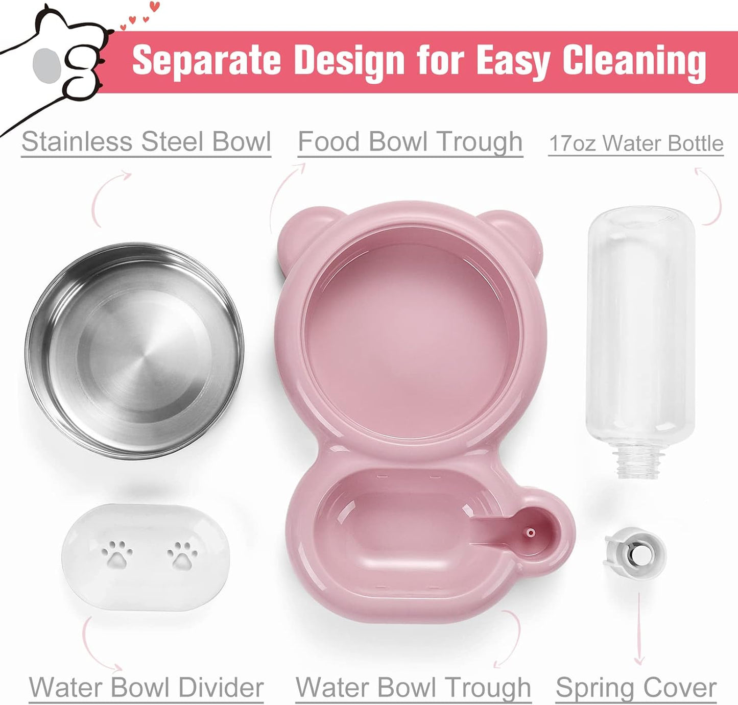 Dog Bowls, Cat Food and Water Bowl Set - Pink