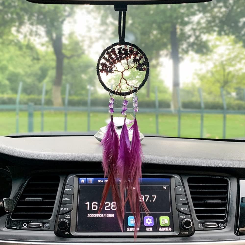 Tree of Life Dream Catcher for Car – Purple Feather Rear View Mirror Hanging Ornament | Crystal Small Dreamcatcher Pendant for Aesthetic & Protection