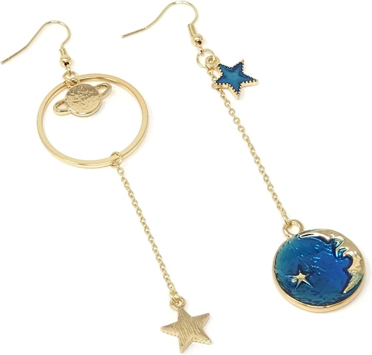 Gold-Plated Moon Star Earth Planet Asymmetrical Earrings β Chic Long Pendant Dangle Jewelry for Women
