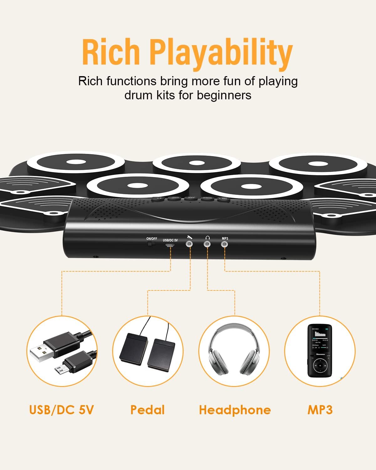 Electronic Drum Set for Kids – 9 Pad Roll Up Digital Drums with Speakers & MIDI
