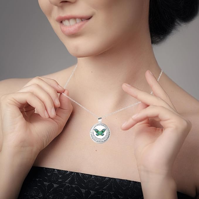 Green Butterfly Memorial Necklace – “My Mind Still Talks to You” Silver Chain, 21 Inches