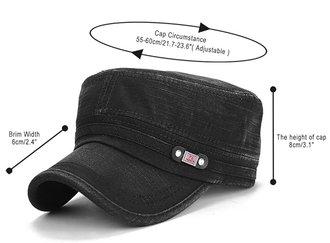 Black Cadet Army Cap – Washed Cotton Military Flat Top Hat, Adjustable One Size Fits All