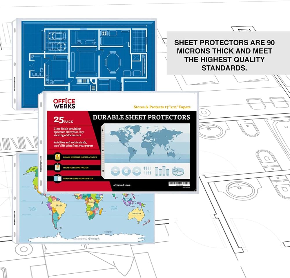 11 x 17 Sheet Protectors, Landscape View, 25 Pack, Side Loading, Protect, Store and Display 11X17 Paper, Photographs, Prints, and Documents