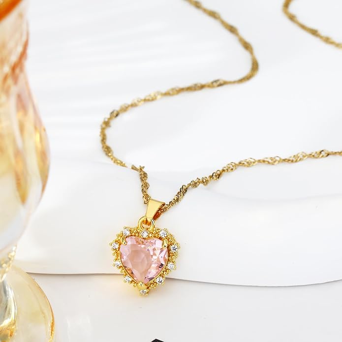 Crystal Love Heart Necklace for Women 14K Gold Plated with Birthstone Charm Pendant Necklace,