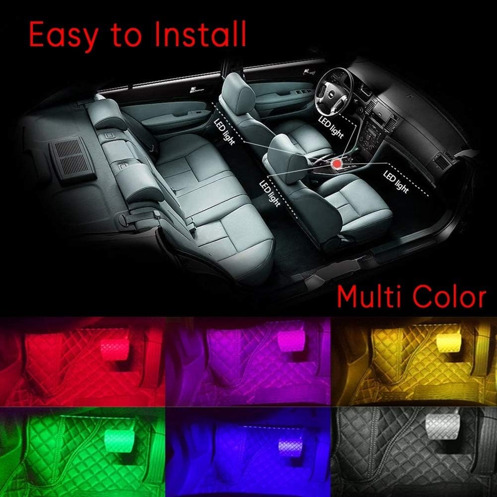 LED Car Interior 4pc, LED Light Strips Auto Car Interior Light LED Music Lighting Kit, 48 LED Light Strips with Activated Son-Control Music