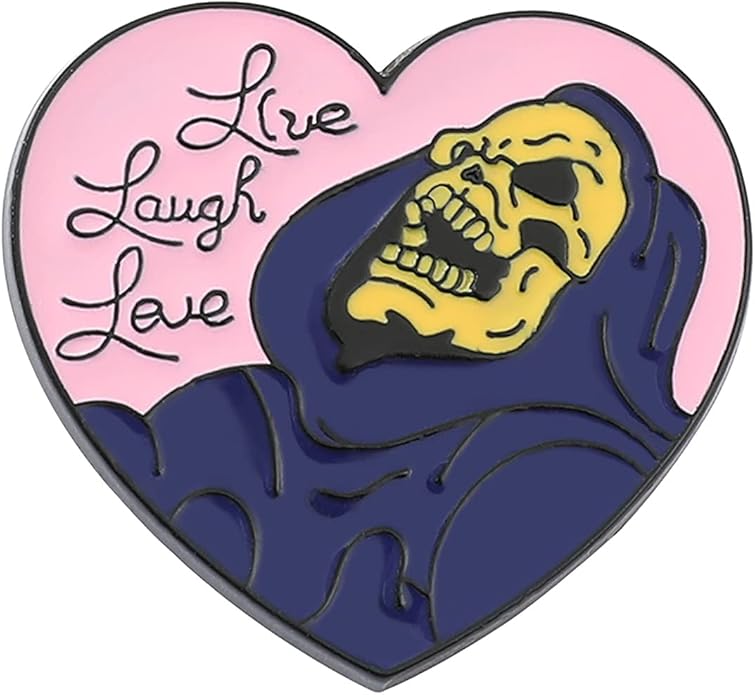 🖤 “Live, Laugh, Love” Heart & Skull Enamel Pin – Cute Gothic Lapel Badge for Jackets & Bags