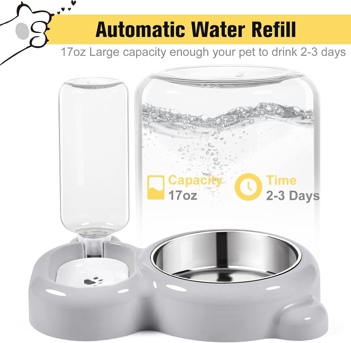 Dog & Cat Food and Water Bowl Set with Water Dispenser and Stainless Steel Bowl - Grey