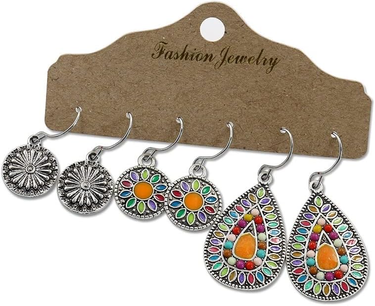 Ethnic Style N3 Pairs Boho Drop Earrings for Women β Vintage Bohemian Ethnic Dangle Set | Handmade Statement Jewelryew Drop Oil Flowers Earrings Set