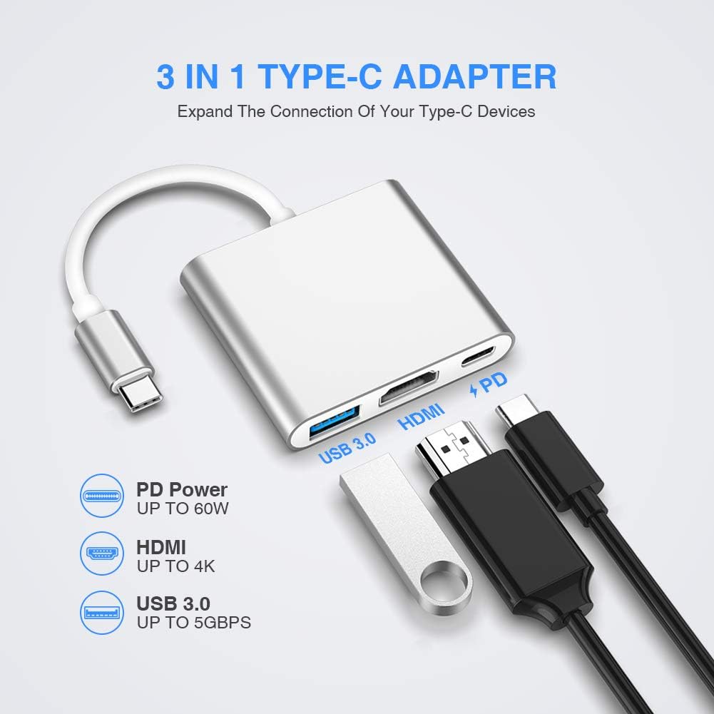 USB C to HDMI Adapter, 4K HDMI to USB-C Adapter with 60W PD & USB 3.0 Port Multiport Digital AV Converter
