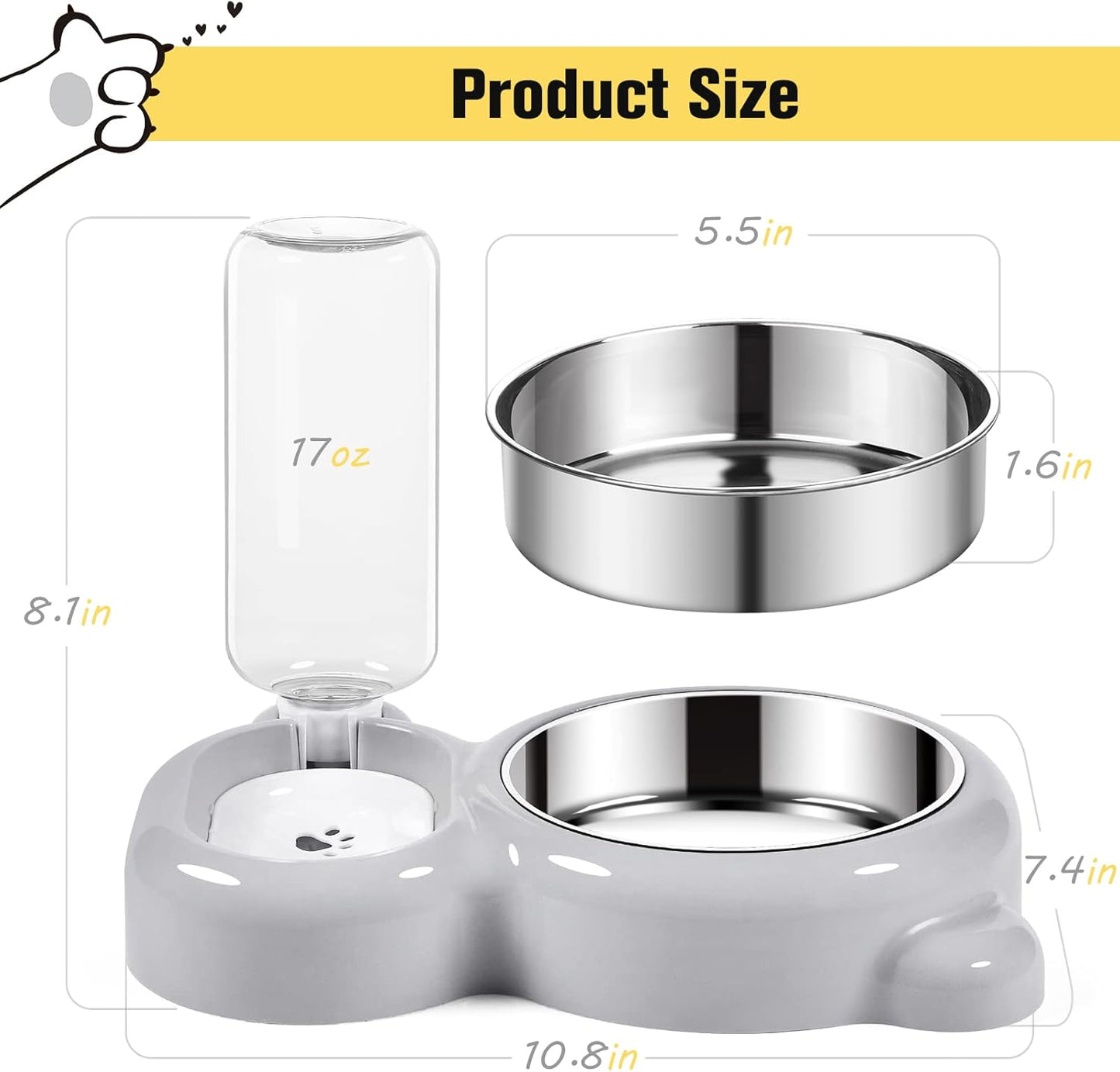 Dog & Cat Food and Water Bowl Set with Water Dispenser and Stainless Steel Bowl - Grey