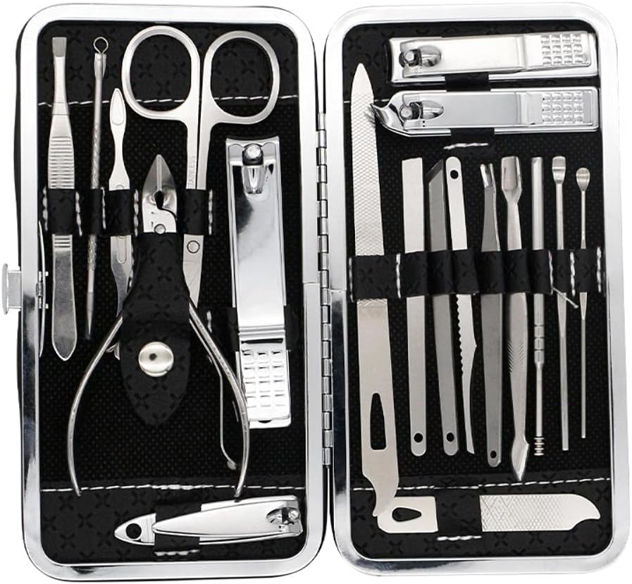 19-in-1 Stainless Steel Manicure Set โ Nail Clippers Kit with Leather Travel Case for Hand, Foot, and Facial Care