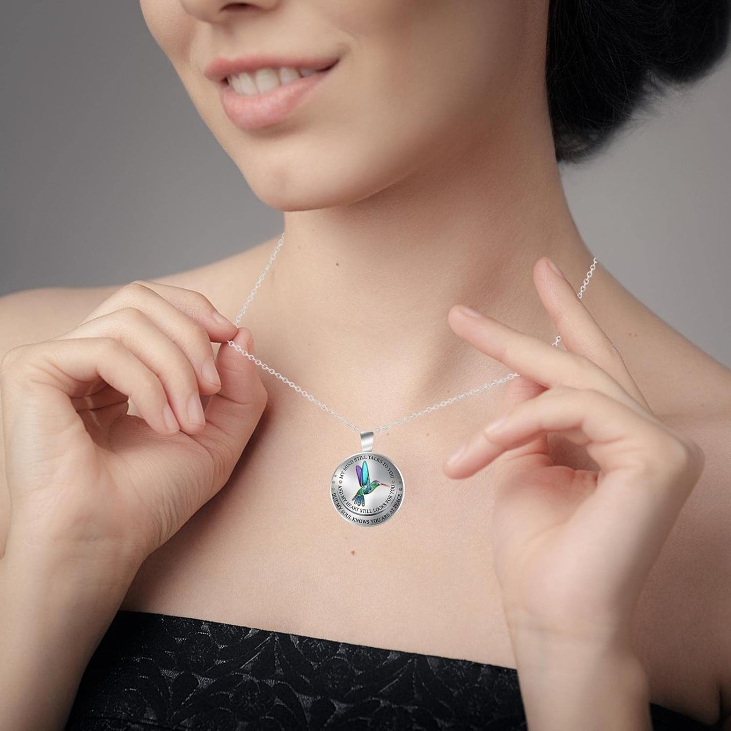 My Mind Still Talks To You" HummingBird - Glass Cabochon Silver Charm Pendant Necklace, Memorial