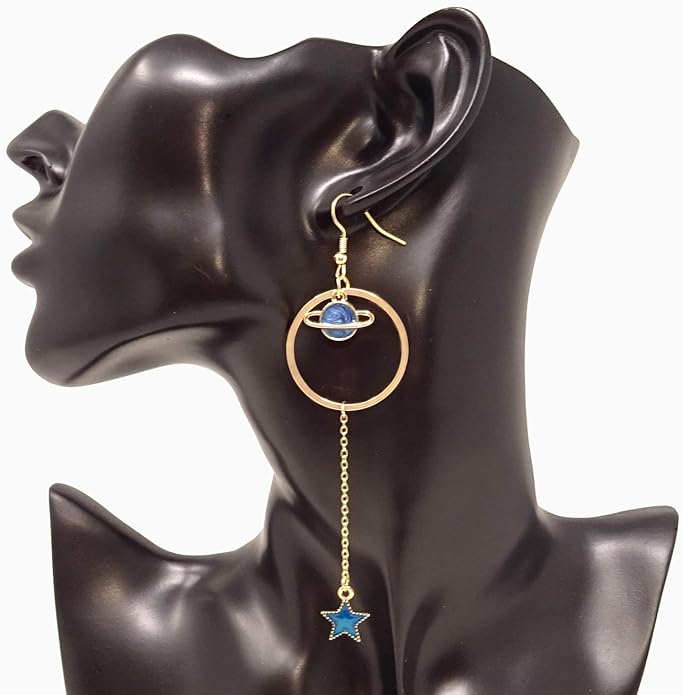 Gold-Plated Moon Star Earth Planet Asymmetrical Earrings β Chic Long Pendant Dangle Jewelry for Women
