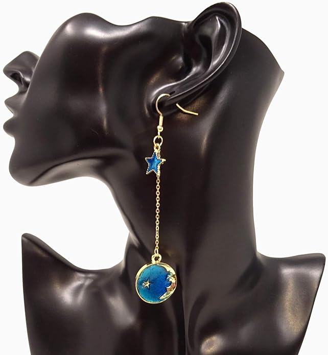 Gold-Plated Moon Star Earth Planet Asymmetrical Earrings β Chic Long Pendant Dangle Jewelry for Women