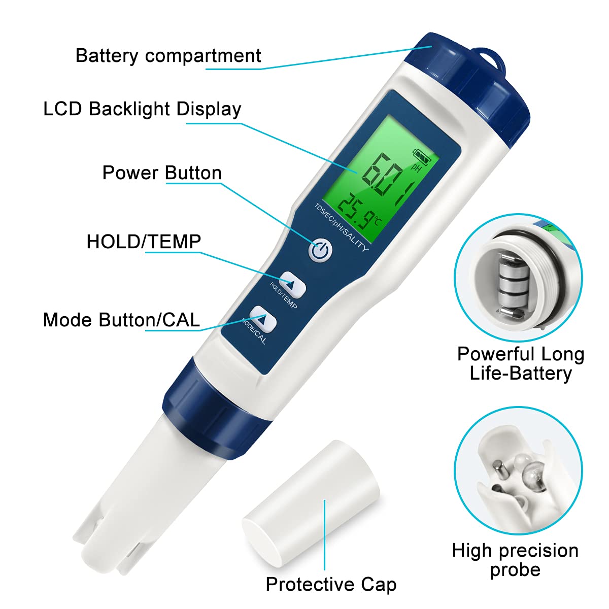5 in 1 TDS Meter PH Tester, 0.01 High Accuracy Digital PH Meter for Water