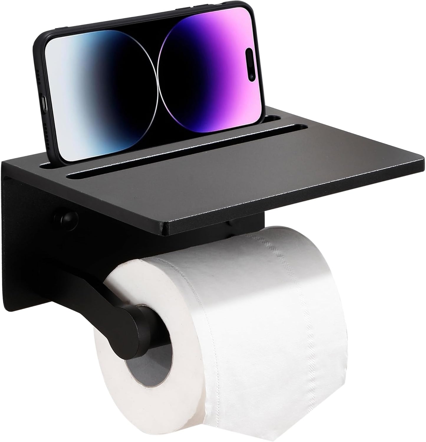 oilet Paper Holder with Shelf, Black Anti-Rust Aluminum Tissue Roll Holder with Mobile Phone