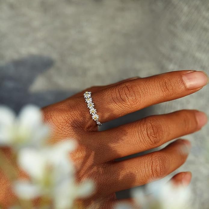 โI Think About Youโ Delicate Daisy Ring โ Tiny Sunflower Floral Ring | Adjustable Gold-Plated Ring for Women