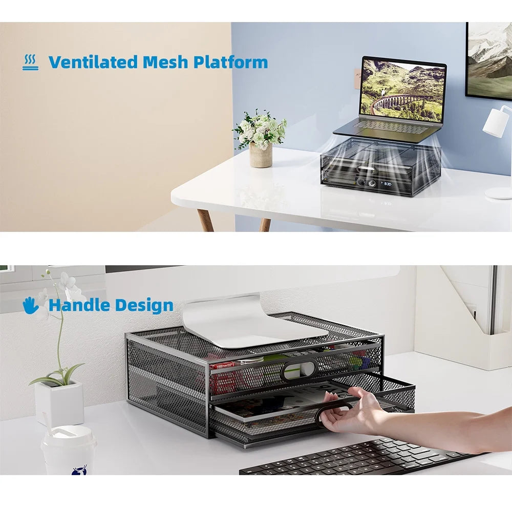 Marbrasse Monitor Stand with Drawer, Monitor Riser Mesh Metal, Monitor Stand with Storage, Desktop Computer Stand for PC, Laptop, Printer