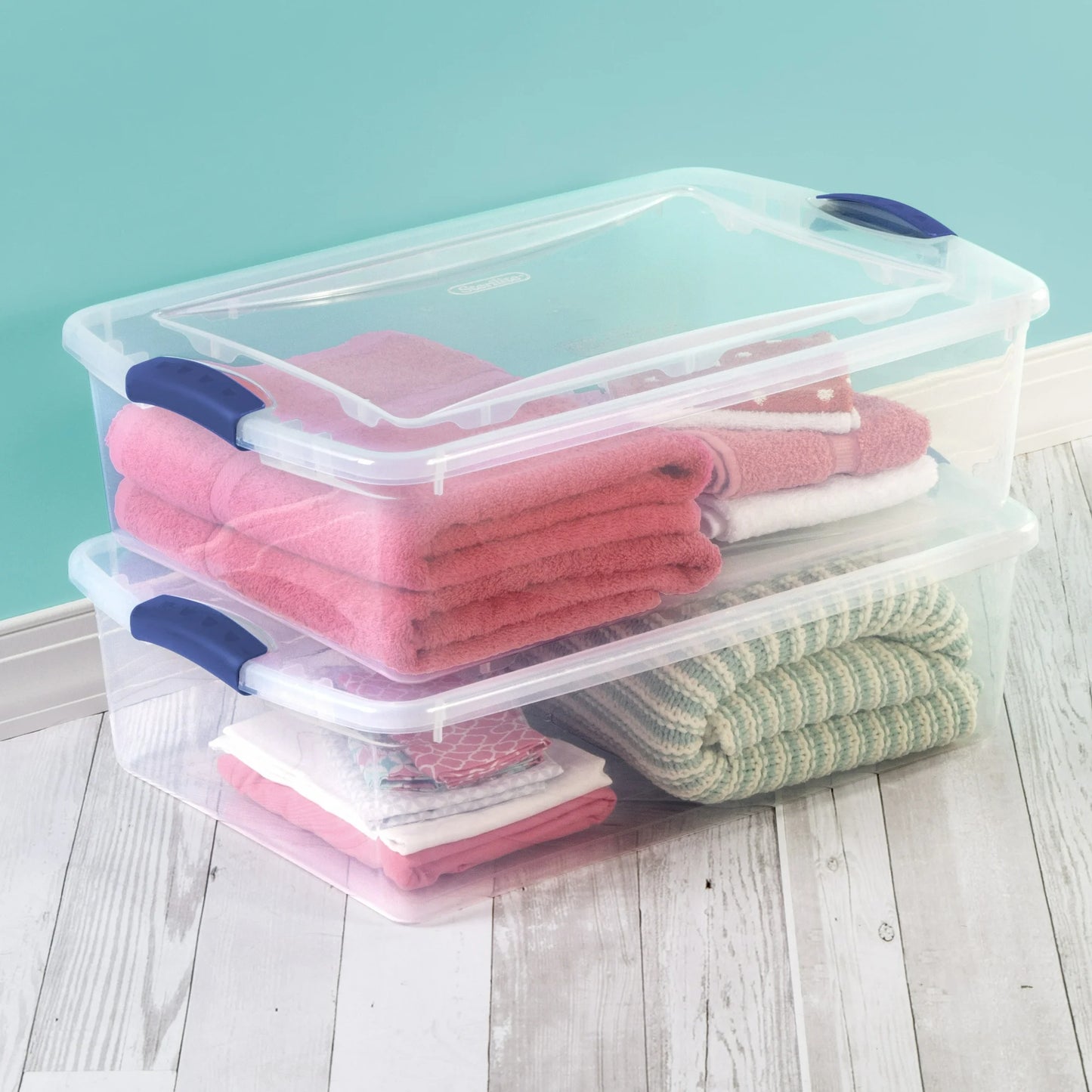 Sterilite Small Storage Bin, 32 Quart Clear Underbed Storage Container with Latch Lid, Blue