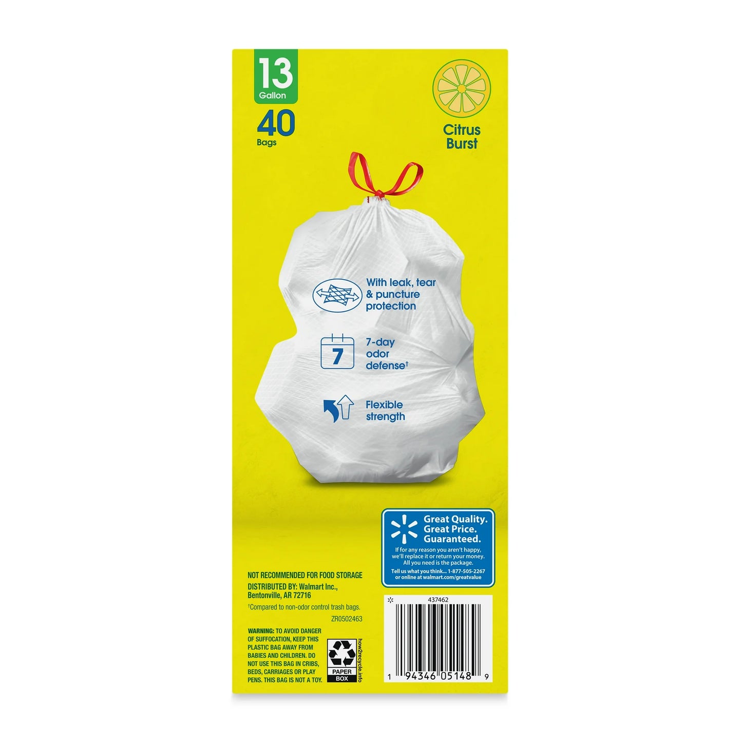 Great Value 13-Gallon Drawstring Strong Flex Tall Kitchen Trash Bags, Citrus Burst Scent, 40 Bags