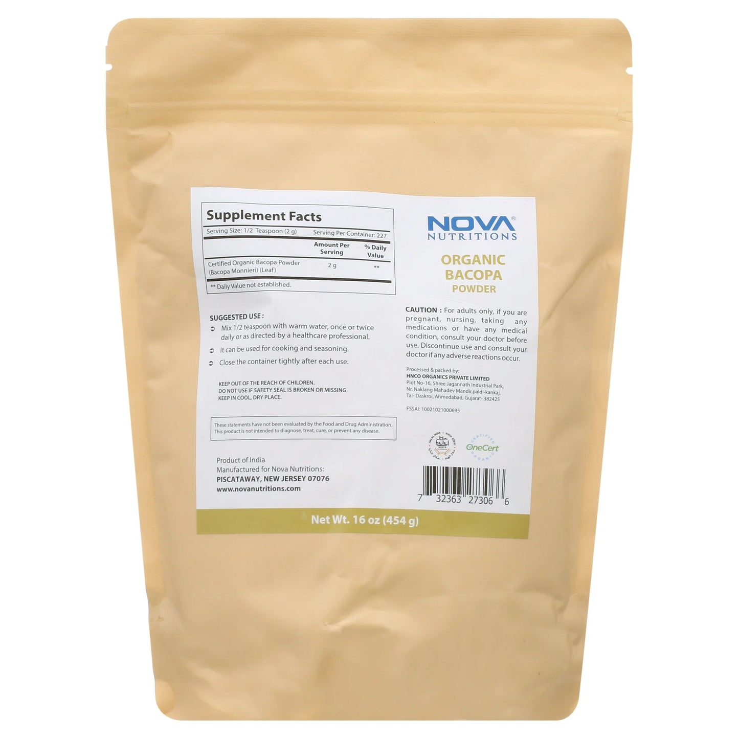 Nova Nutritions Certified Organic Bacopa Powder 16 OZ (454 gm) - Also Called Bacopa Monnieri (Leaf)