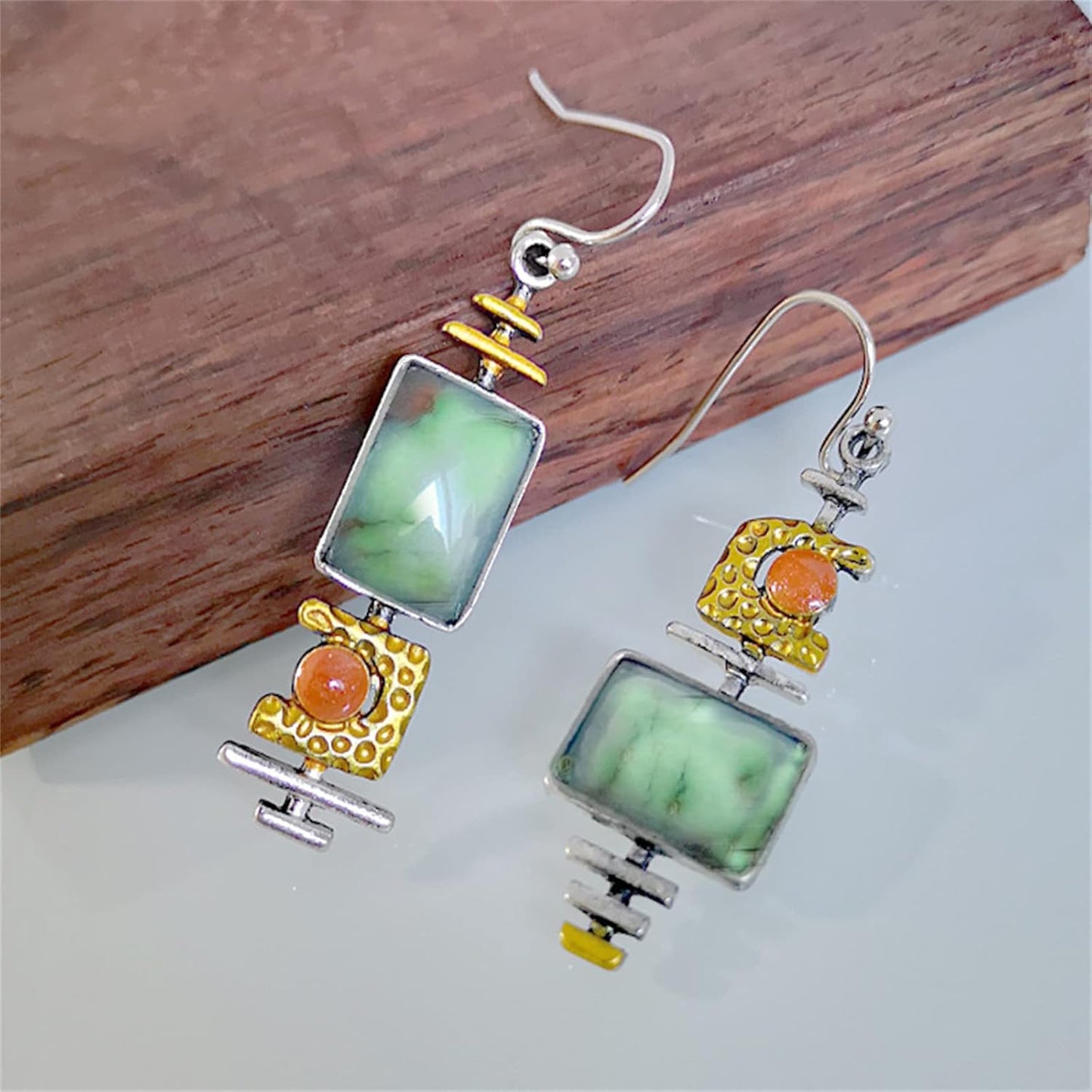 Green Turquoise Dangle Earrings – Handmade Asymmetric Silver Drop Earrings for Women