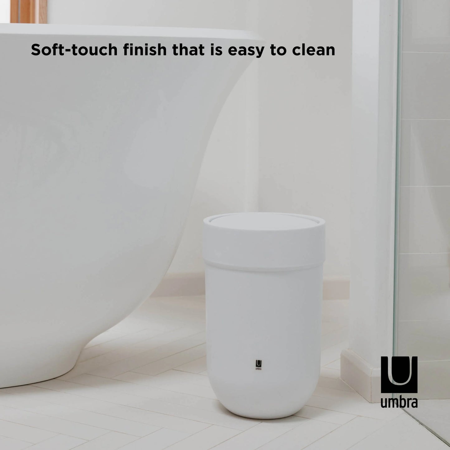 Umbra 1.6 gal Touch Plastic Swing Top Lid Bathroom Trash Can, White